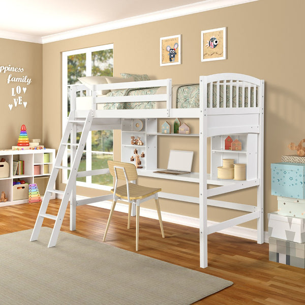English Elm Twin Loft Bed with Built-in Desk Corner Shelves and Ladder Solid Pine White Frame LT100140KAA