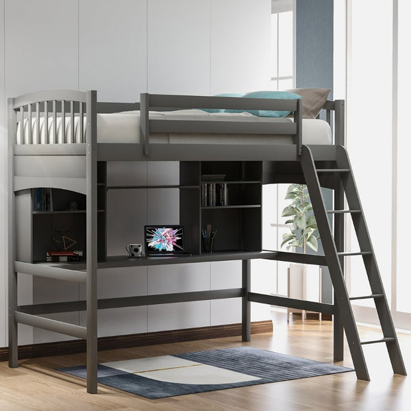 English Elm Twin Loft Bed with Built-in Desk Open Shelves and Ladder for Kids Bedroom LT000140EAA