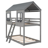 Hearth and Haven Twin over Twin Bunk Bed with Roof, Window, Guardrail and Ladder, Grey
