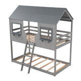 Hearth and Haven Twin over Twin Bunk Bed with Roof, Window, Guardrail and Ladder, Grey