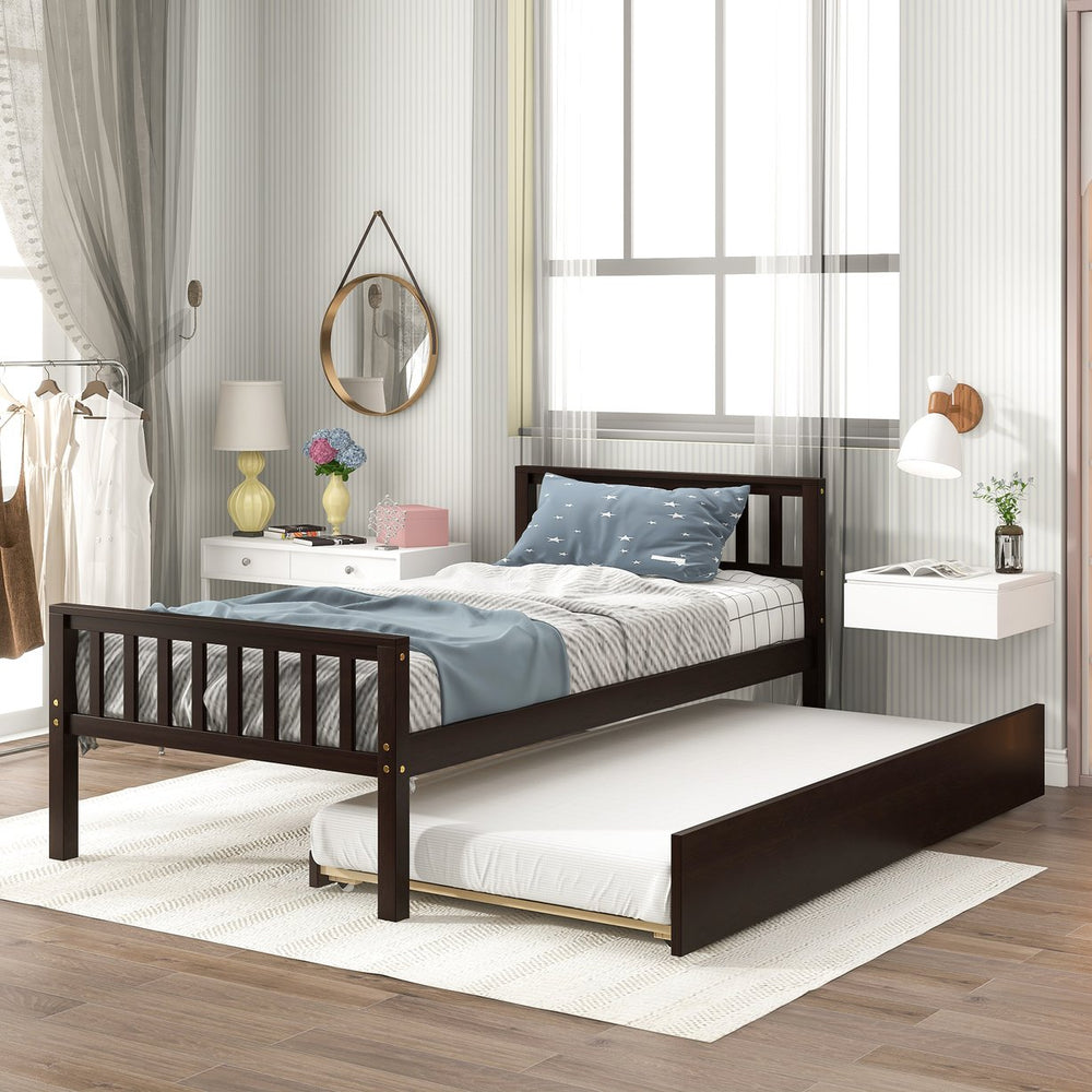 English Elm Twin Twin Bed with Trundle Platform Frame, Headboard & Footboard, Space-Saving Twin for Small Rooms W50440557