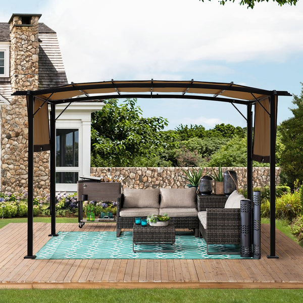 English Elm 12 Outdoor Pergola 12 x 9 Ft Retractable Steel Gazebo with Adjustable Canopy, Rust-Resistant Shade Shelter Beige+Brown W419S00041