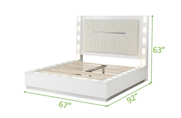 English Elm LED Coco Queen Size Bed with Built-In Ambient Headboard & Side Rail Lighting, Solid Wood, Plush Upholstery Modern Design 659436431218