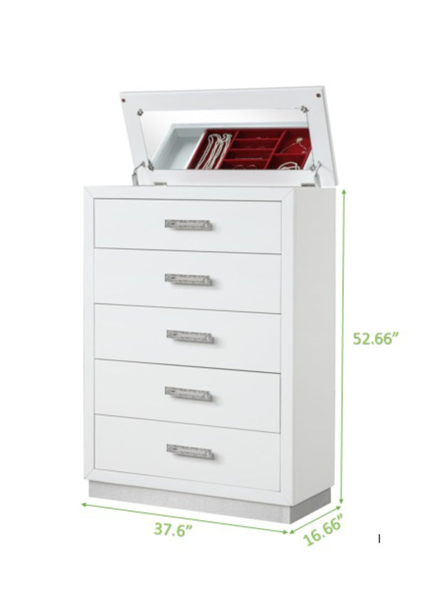 English Elm Queen Coco 5PC LED Bedroom Set – Queen Bed, 8-Drawer Dresser, Mirror, Nightstand & 5-Drawer Chest, Milky White Elegance with Ambient Lighting 659436092440