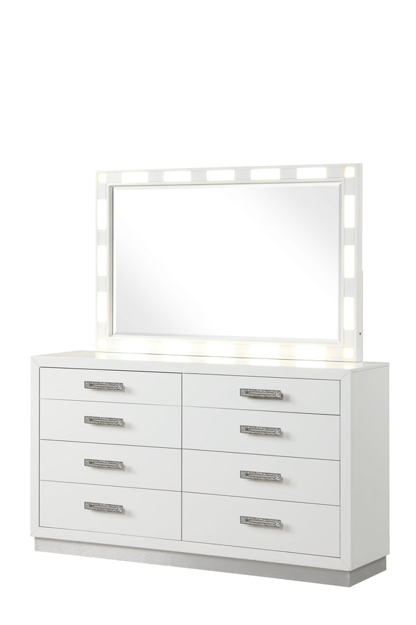 English Elm Queen Coco 4PC Bedroom Set with LED Headboard & Rails, Plush Upholstery, 8-Drawer Dresser, Mirror 659436095311