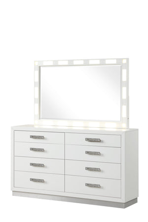 English Elm Queen Coco 5PC LED Bedroom Set – Queen Bed, 8-Drawer Dresser, Mirror, Nightstand & 5-Drawer Chest, Milky White Elegance with Ambient Lighting 659436092440