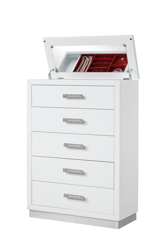 English Elm Queen Coco 5PC LED Bedroom Set – Queen Bed, 8-Drawer Dresser, Mirror, Nightstand & 5-Drawer Chest, Milky White Elegance with Ambient Lighting 659436092440