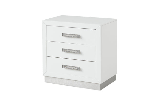 English Elm Nightstand Coco 3-Drawer Milky White with Crystal Diamond Hardware — Elegant Storage for Bedroom Glam 659436145337