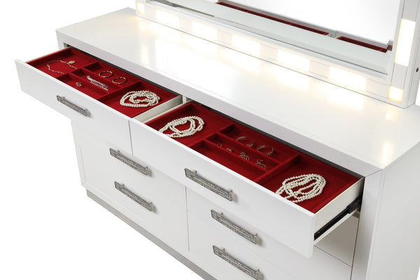 English Elm Queen Coco 5PC LED Bedroom Set – Queen Bed, 8-Drawer Dresser, Mirror, Nightstand & 5-Drawer Chest, Milky White Elegance with Ambient Lighting 659436092440