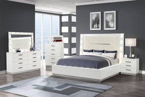 English Elm Queen Coco 5PC LED Bedroom Set – Queen Bed, 8-Drawer Dresser, Mirror, Nightstand & 5-Drawer Chest, Milky White Elegance with Ambient Lighting 659436092440