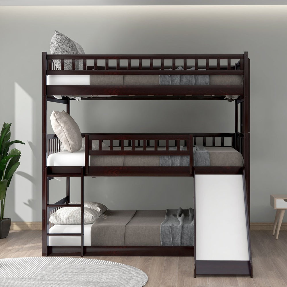 English Elm Full-over-full-over-full Pine Triple Bunk Bed with Slide Guardrails Espresso Finish LT000052AAP