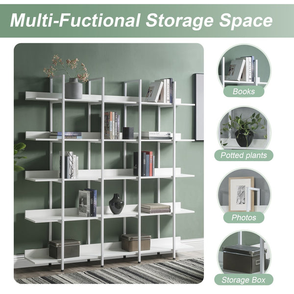English Elm 5 Tier Bookcase Industrial Open Bookshelf with Steel Frame, 80lb Shelves, Anti-Fall Device White N725P247766W