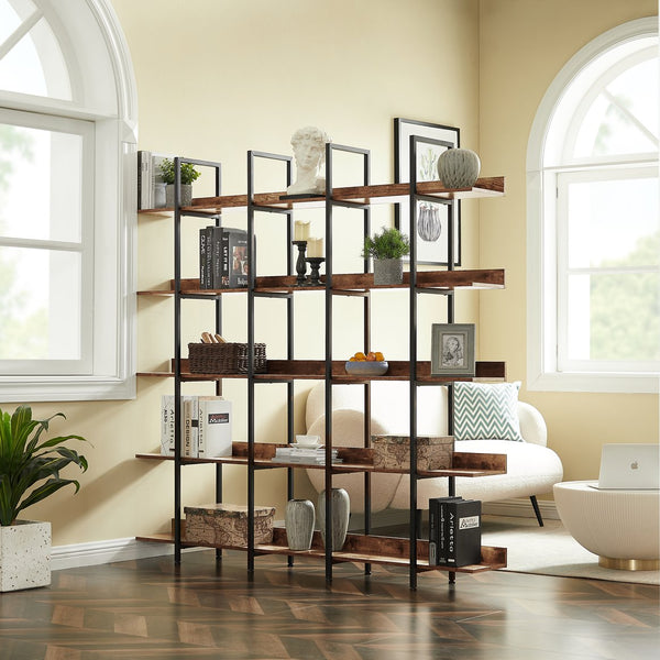 English Elm 5 Tier Bookcase Industrial Open Bookshelf with Steel Frame, 80lb Shelves, Anti-Fall Device Brown N725P247766T