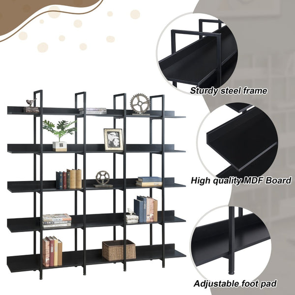 English Elm [video] Five Tier Industrial Open Bookshelf Steel Frame Mdf Shelves Home Office Storage Black N725P387978Z
