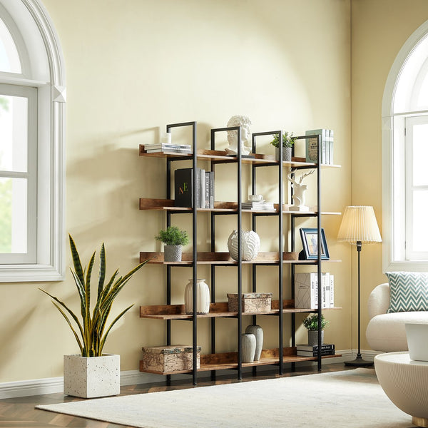 English Elm 5 Tier Bookcase Industrial Open Bookshelf with Steel Frame, 80lb Shelves, Anti-Fall Device Brown N725P247766T