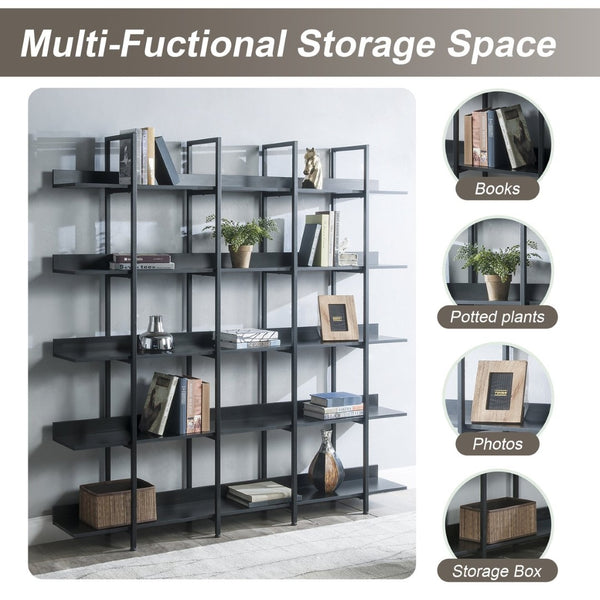 English Elm [video] Five Tier Industrial Open Bookshelf Steel Frame Mdf Shelves Home Office Storage Black N725P387978Z