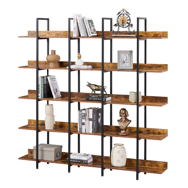English Elm 5 Tier Bookcase Industrial Open Bookshelf with Steel Frame, 80lb Shelves, Anti-Fall Device Brown N725P247766T