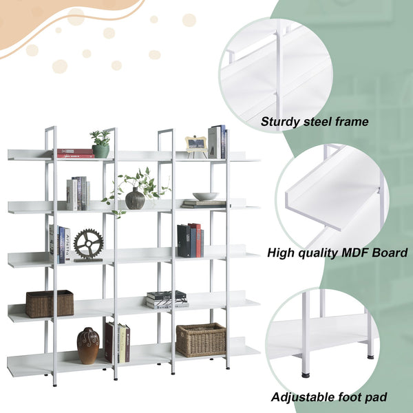 English Elm 5 Tier Bookcase Industrial Open Bookshelf with Steel Frame, 80lb Shelves, Anti-Fall Device White N725P247766W