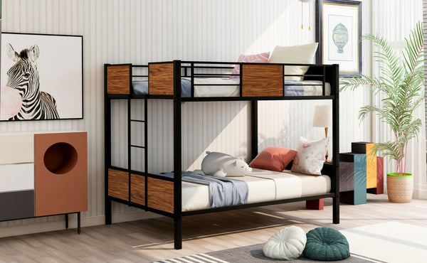 English Elm Full-over-full Steel Bunk Bed with Wood Grain Panels Safety Rail and Built-in Ladder MF291654AAD