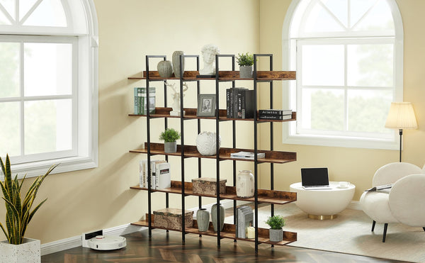 English Elm 5 Tier Bookcase Industrial Open Bookshelf with Steel Frame, 80lb Shelves, Anti-Fall Device Brown N725P247766T