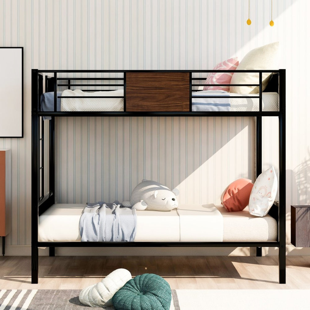 English Elm Full-over-full Steel Bunk Bed with Wood Grain Panels Safety Rail and Built-in Ladder MF291654AAD