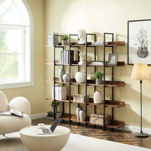 English Elm 5 Tier Bookcase Industrial Open Bookshelf with Steel Frame, 80lb Shelves, Anti-Fall Device Brown N725P247766T