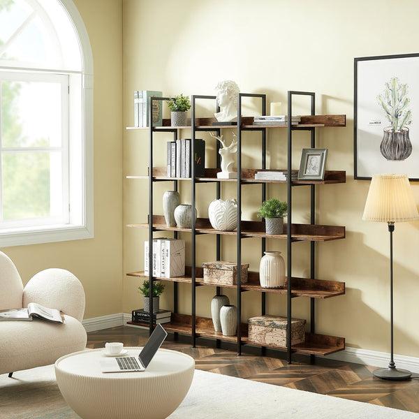 English Elm 5 Tier Bookcase Industrial Open Bookshelf with Steel Frame, 80lb Shelves, Anti-Fall Device Brown N725P247766T