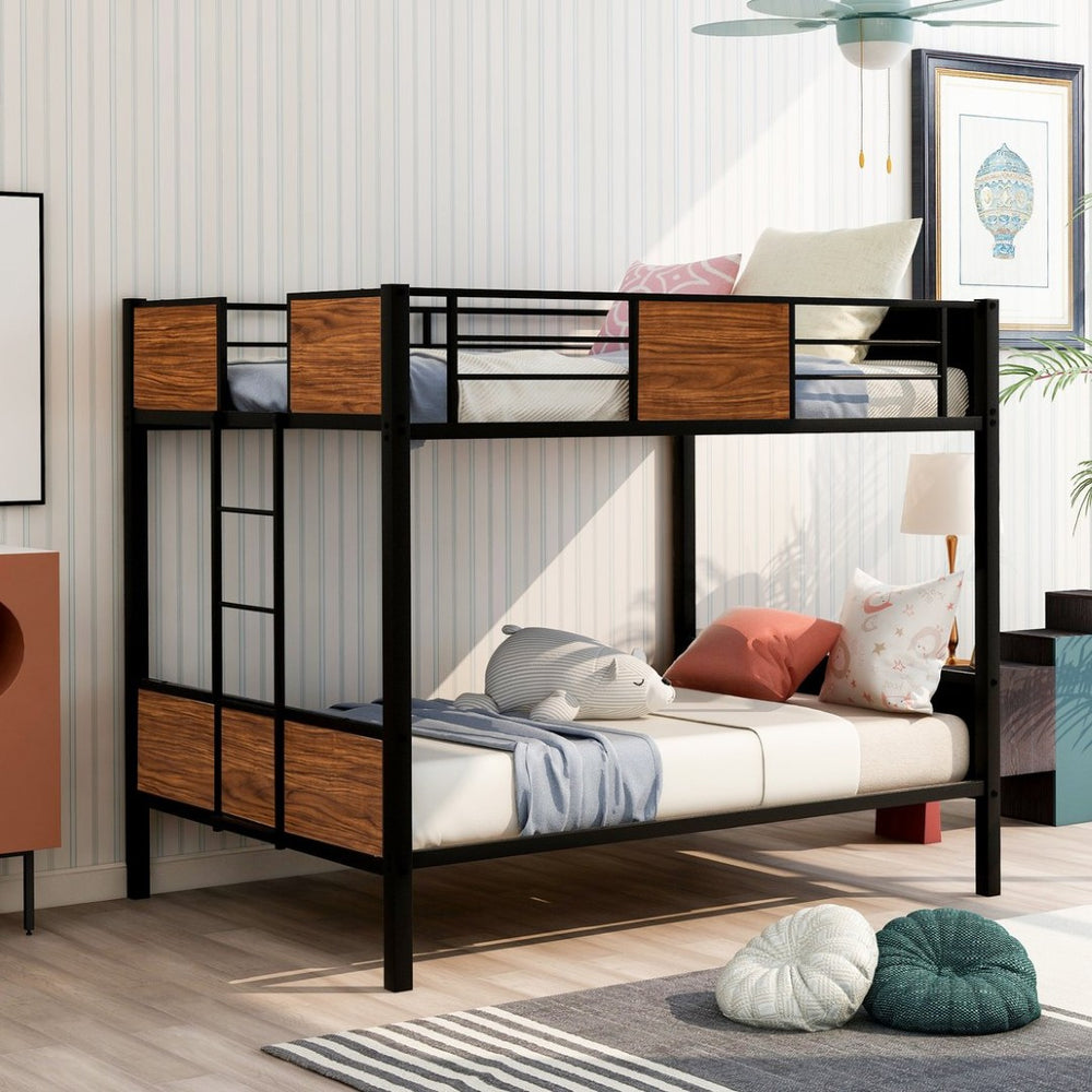 English Elm Full-over-full Steel Bunk Bed with Wood Grain Panels Safety Rail and Built-in Ladder MF291654AAD