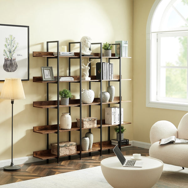 English Elm 5 Tier Bookcase Industrial Open Bookshelf with Steel Frame, 80lb Shelves, Anti-Fall Device Brown N725P247766T
