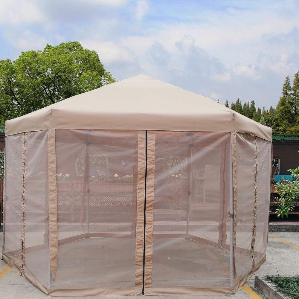 English Elm 13 Ft. Pop-Up Gazebo 13x13x9.2ft Hexagonal Steel Frame Patio Canopy with Mesh Walls & Bag W65632229