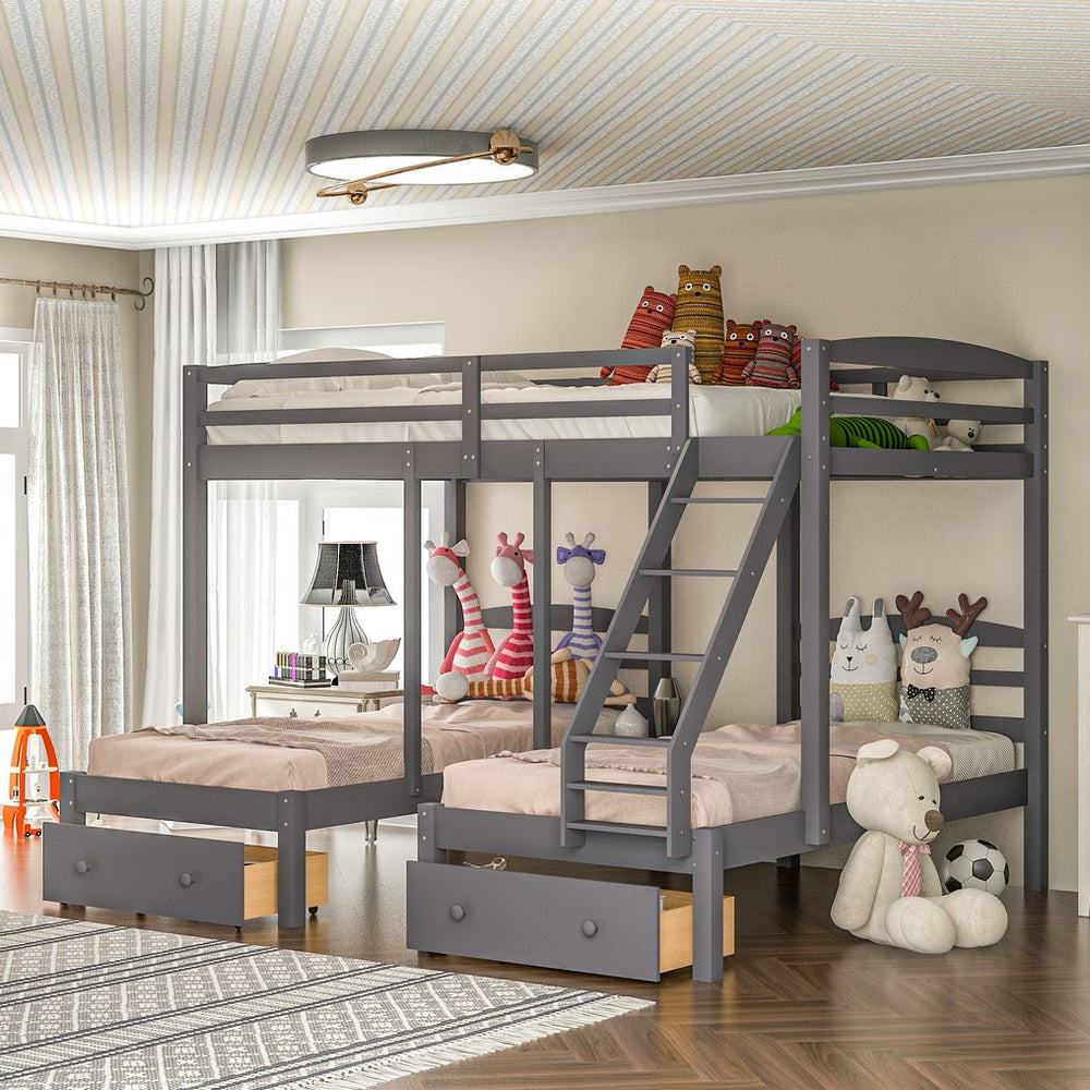 English Elm Full Full over Twin & Twin Triple Bunk Bed with Drawers, Gray — Space-Saving Pine Wood, Guardrail, 400lb Capacity GX000233AAE