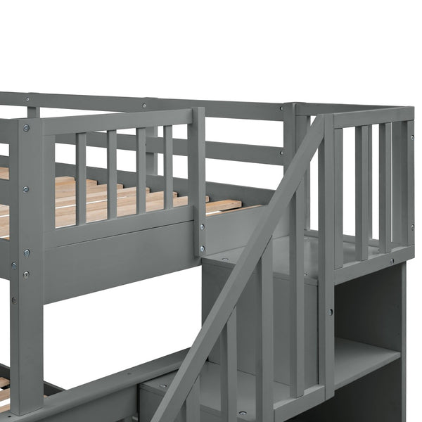 English Elm Stairway Twin Over Full Bunk Bed with Trundle Stair Storage and Guard Rail LT000119AAE-1