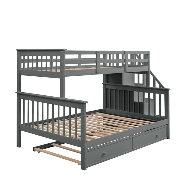 English Elm Stairway Twin Over Full Bunk Bed with Trundle Stair Storage and Guard Rail LT000119AAE-1