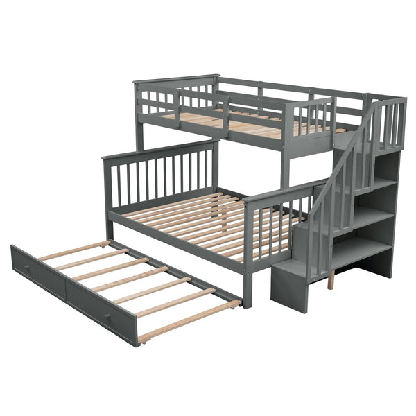 English Elm Stairway Twin Over Full Bunk Bed with Trundle Stair Storage and Guard Rail LT000119AAE-1