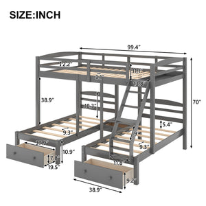 English Elm Full Full over Twin & Twin Triple Bunk Bed with Drawers, Gray — Space-Saving Pine Wood, Guardrail, 400lb Capacity GX000233AAE