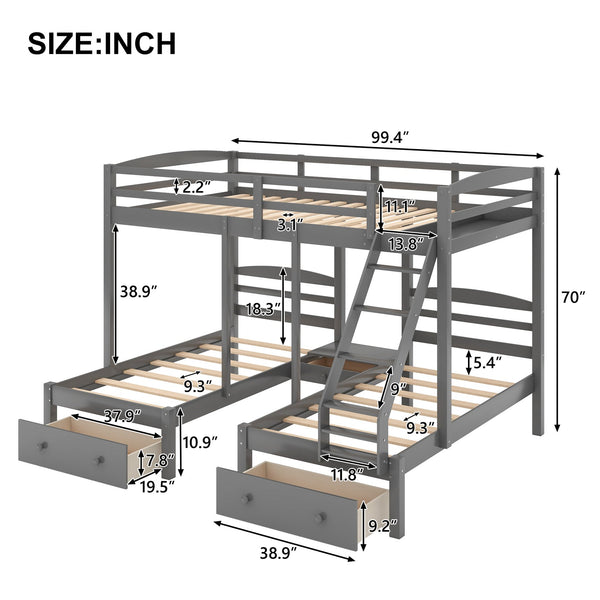 English Elm Full Full over Twin & Twin Triple Bunk Bed with Drawers, Gray — Space-Saving Pine Wood, Guardrail, 400lb Capacity GX000233AAE