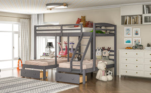 English Elm Full Full over Twin & Twin Triple Bunk Bed with Drawers, Gray — Space-Saving Pine Wood, Guardrail, 400lb Capacity GX000233AAE