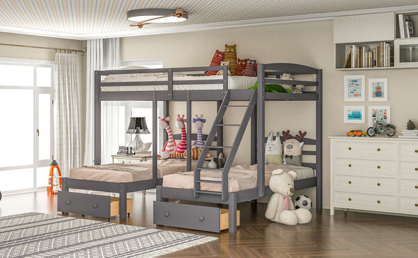 English Elm Full Full over Twin & Twin Triple Bunk Bed with Drawers, Gray — Space-Saving Pine Wood, Guardrail, 400lb Capacity GX000233AAE