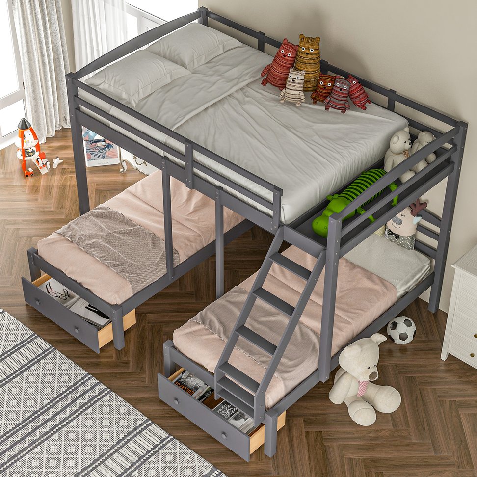 English Elm Full Full over Twin & Twin Triple Bunk Bed with Drawers, Gray — Space-Saving Pine Wood, Guardrail, 400lb Capacity GX000233AAE