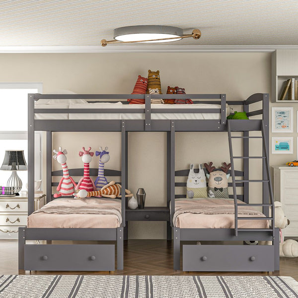 English Elm Full Full over Twin & Twin Triple Bunk Bed with Drawers, Gray — Space-Saving Pine Wood, Guardrail, 400lb Capacity GX000233AAE