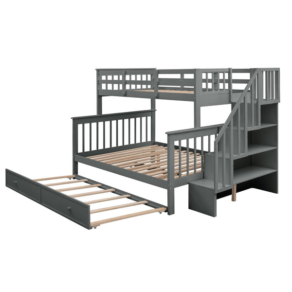 English Elm Stairway Twin Over Full Bunk Bed with Trundle Stair Storage and Guard Rail LT000119AAE-1