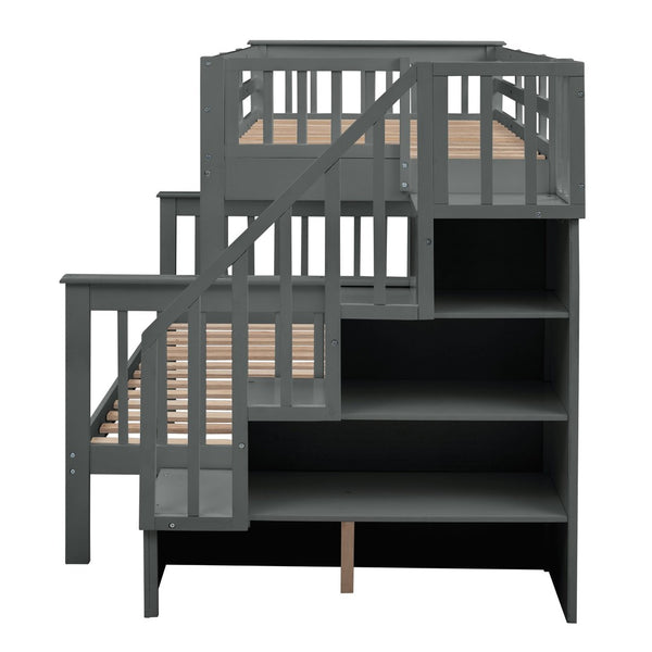 English Elm Stairway Twin Over Full Bunk Bed with Trundle Stair Storage and Guard Rail LT000119AAE-1