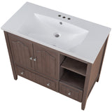 English Elm [Video] 36" Bathroom Vanity With Ceramic Basin, Bathroom Storage Cabinet With Two Doors and Drawers, Solid Frame, Metal Handles, Brown (Old Sku: Jl000003Aad-1)