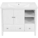 English Elm [Video] 36" Bathroom Vanity With Ceramic Basin, Bathroom Storage Cabinet With Two Doors and Drawers, Solid Frame, Metal Handles, White