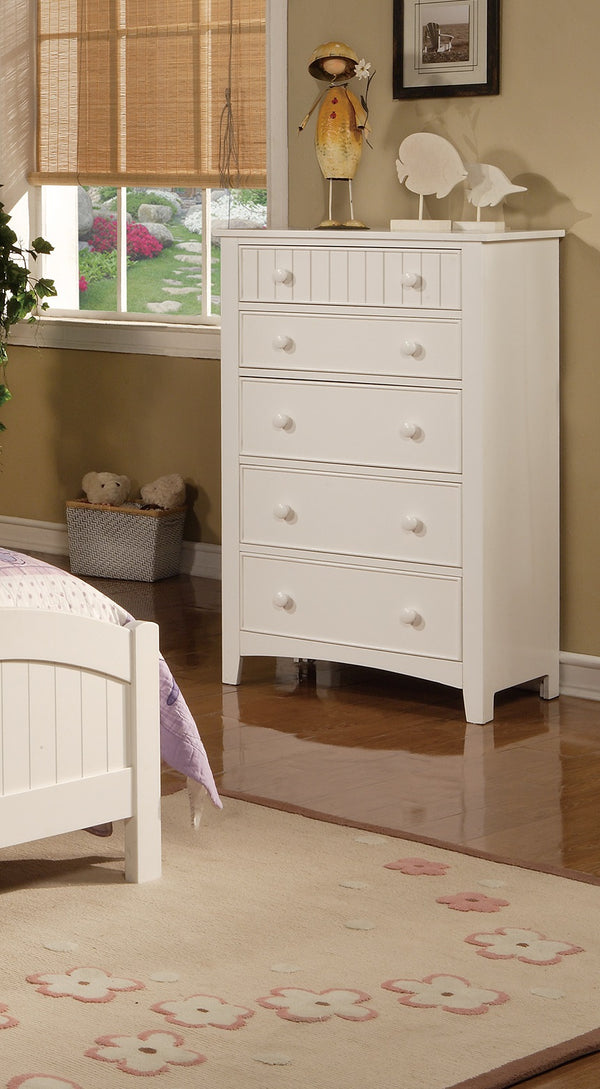 English Elm White Twin Size Bed Nightstand and Chest 3pc Set – White Vertical Carved Headboard, 5-Drawer Chest, Youth Bedroom Elegance HS00F9049-F4238-F4239-ID-AHD