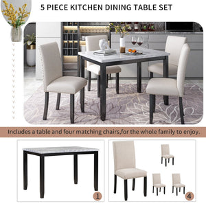 English Elm Trexm Faux Marble Dining Set with Four Cushioned Chairs Rubberwood Glam Kitchen ST000040AAA