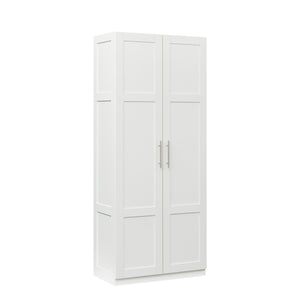English Elm Pantry Adjustable 2-Door Storage Cabinet with 3 Shelves, Slim White Freestanding Cupboard for Home W331S00076