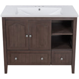 English Elm [Video] 36" Bathroom Vanity With Ceramic Basin, Bathroom Storage Cabinet With Two Doors and Drawers, Solid Frame, Metal Handles, Brown (Old Sku: Jl000003Aad-1)