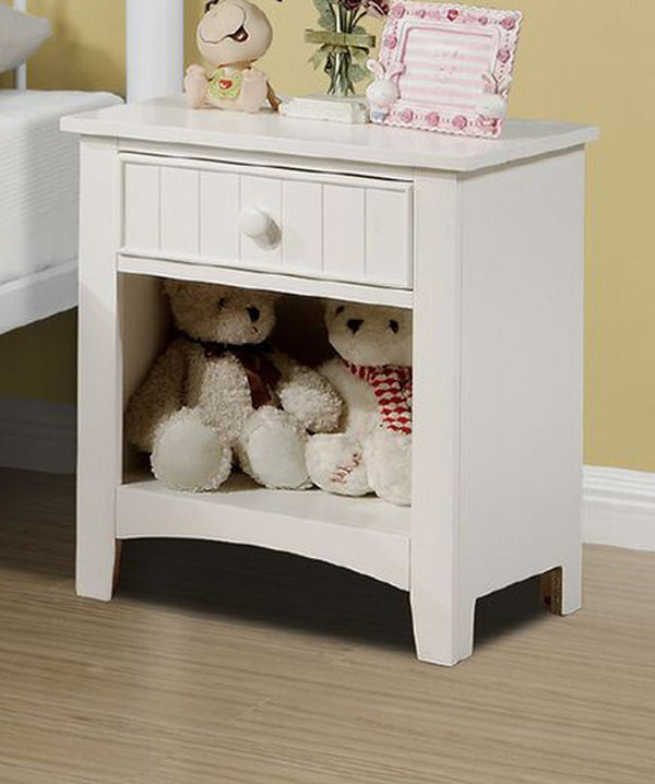 English Elm White Twin Size Bed Nightstand and Chest 3pc Set – White Vertical Carved Headboard, 5-Drawer Chest, Youth Bedroom Elegance HS00F9049-F4238-F4239-ID-AHD