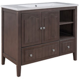 English Elm [Video] 36" Bathroom Vanity With Ceramic Basin, Bathroom Storage Cabinet With Two Doors and Drawers, Solid Frame, Metal Handles, Brown (Old Sku: Jl000003Aad-1)